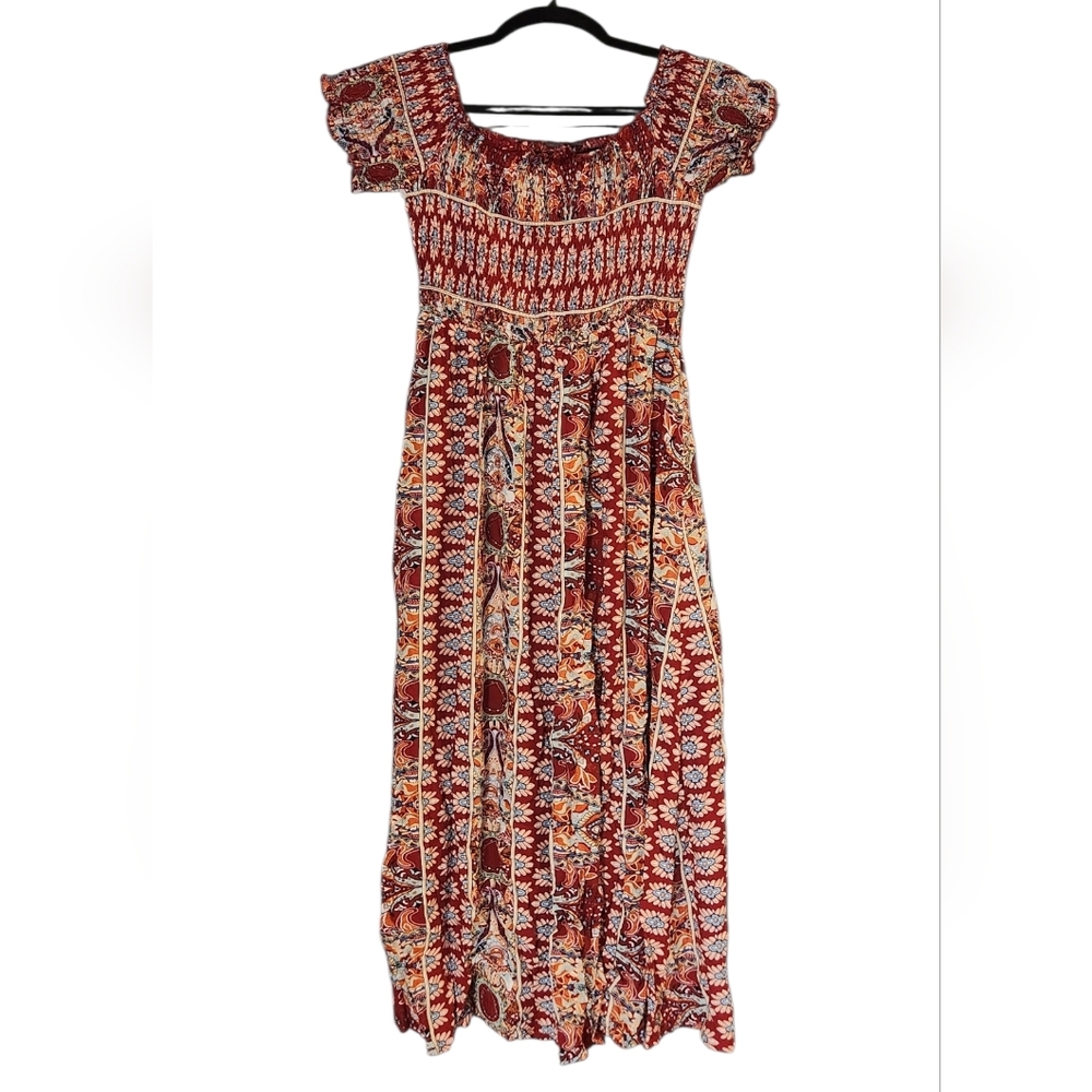 Women's Bohemian Floral Print Red Stretch Midi Dress With Side Slit, M